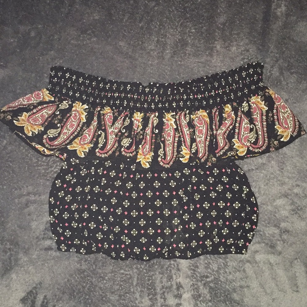 Paisley Ruffled Off Shoulder Crop Top